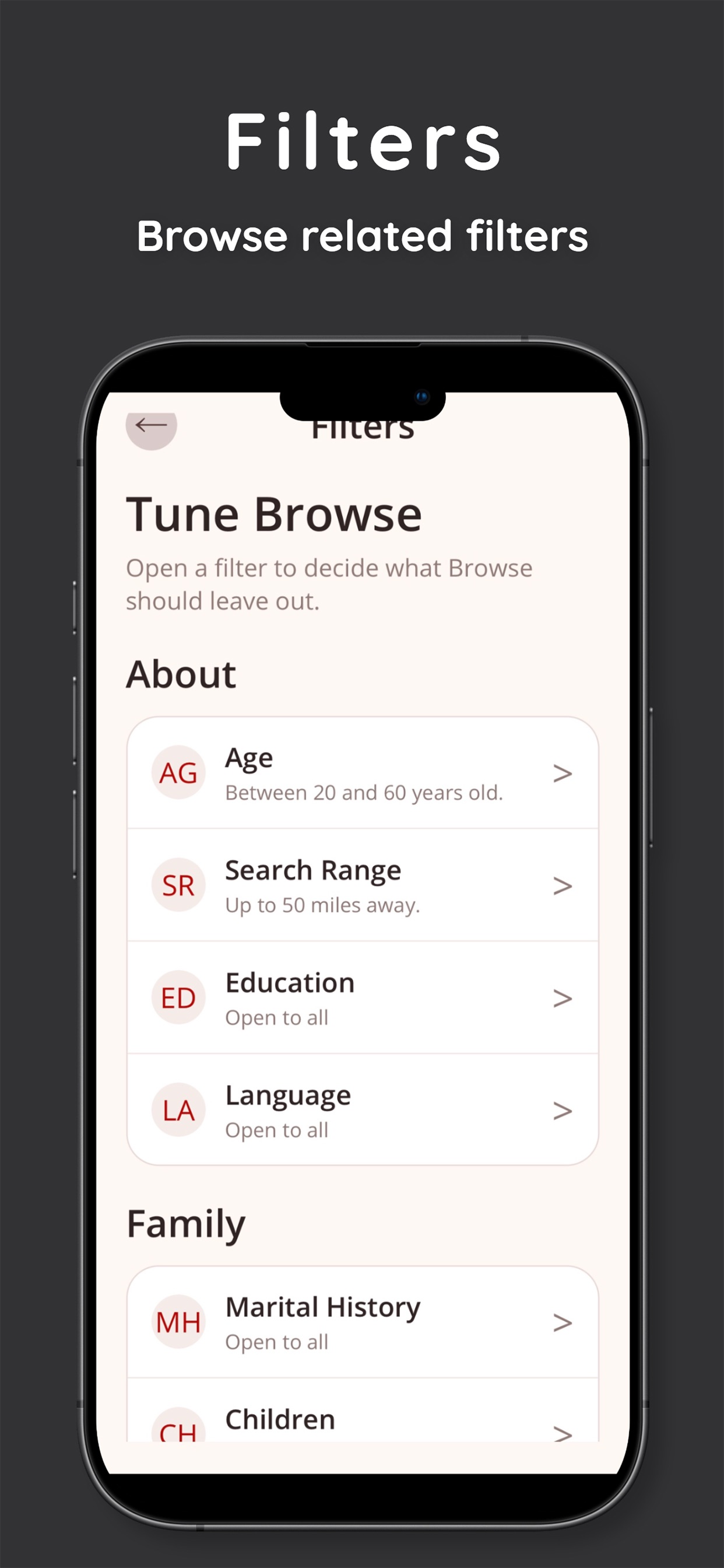 Browse filters screen